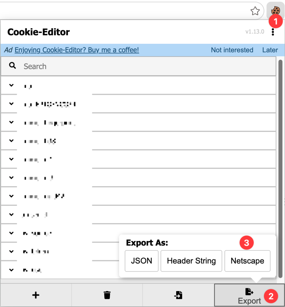 Cookie-Editor 插件导出腾讯元宝 Cookies 步骤截图：①点击扩展图标，②点击底部的导出图标，③选择 Netscape 格式