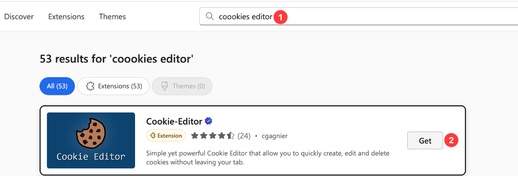 Edge 扩展市场搜索 Cookie-Editor 并点击获取安装截图