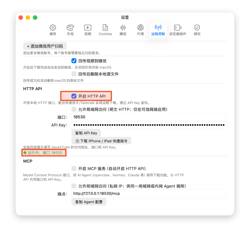 SaveXTube 设置 - 远程控制：开启 HTTP API 与下载快捷指令截图