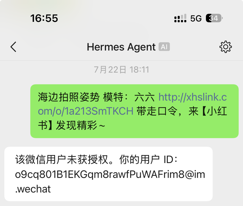 微信机器人回复未获授权提示及用户 ID 截图