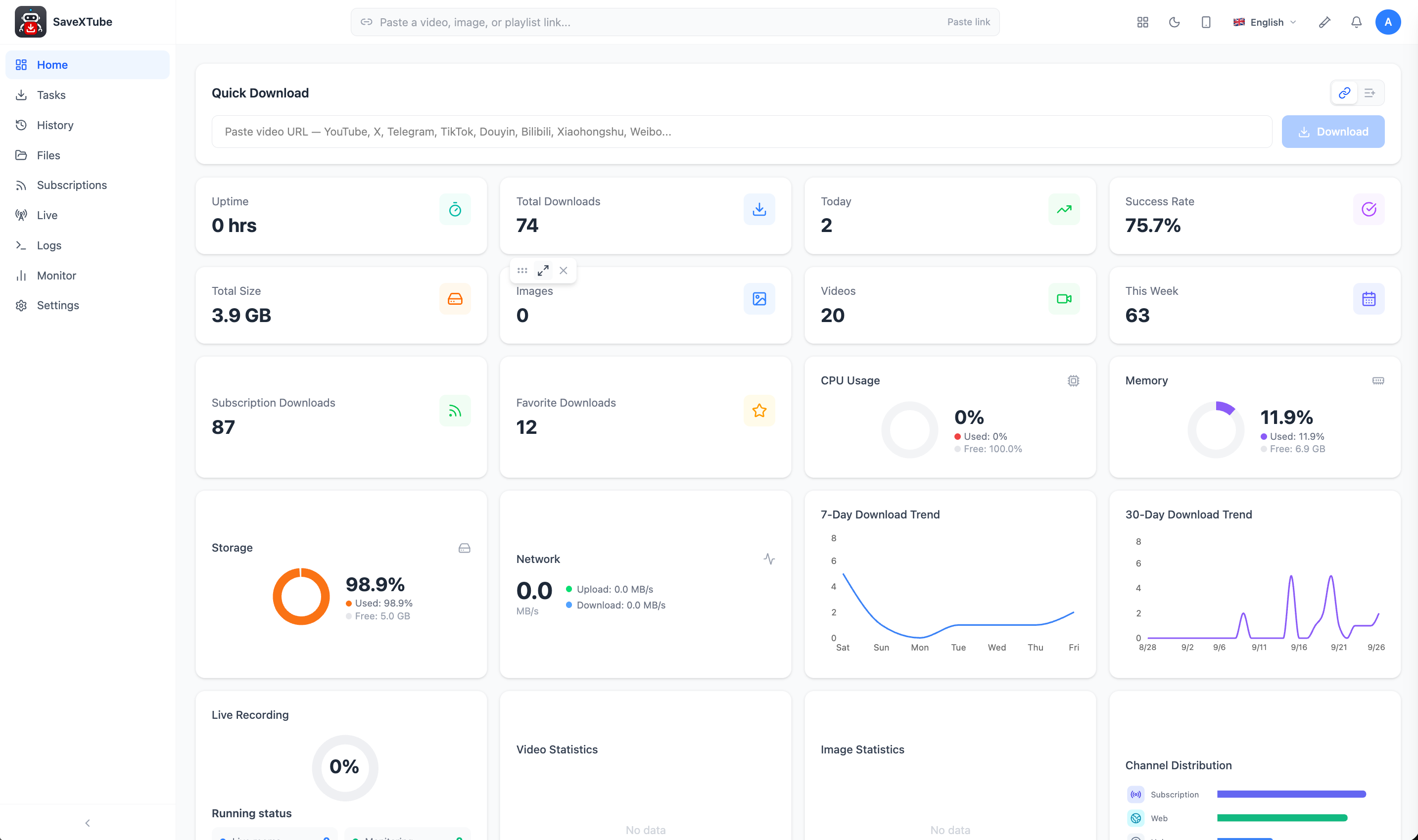 SaveXTube Server console: quick download, runtime stats, system monitor, and download trend