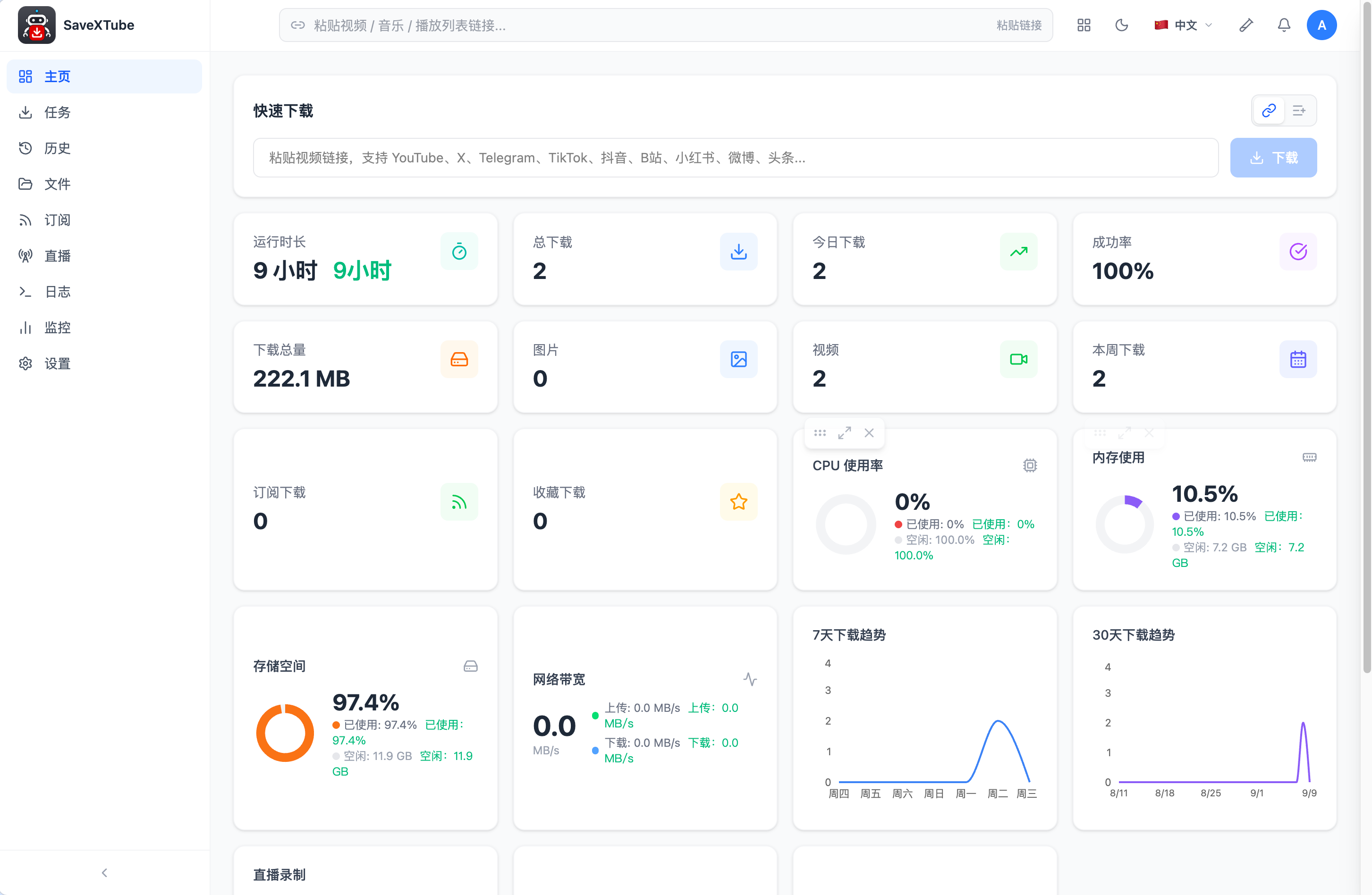 SaveXTube Server 控制台：快速下载、运行统计、系统监控与下载趋势